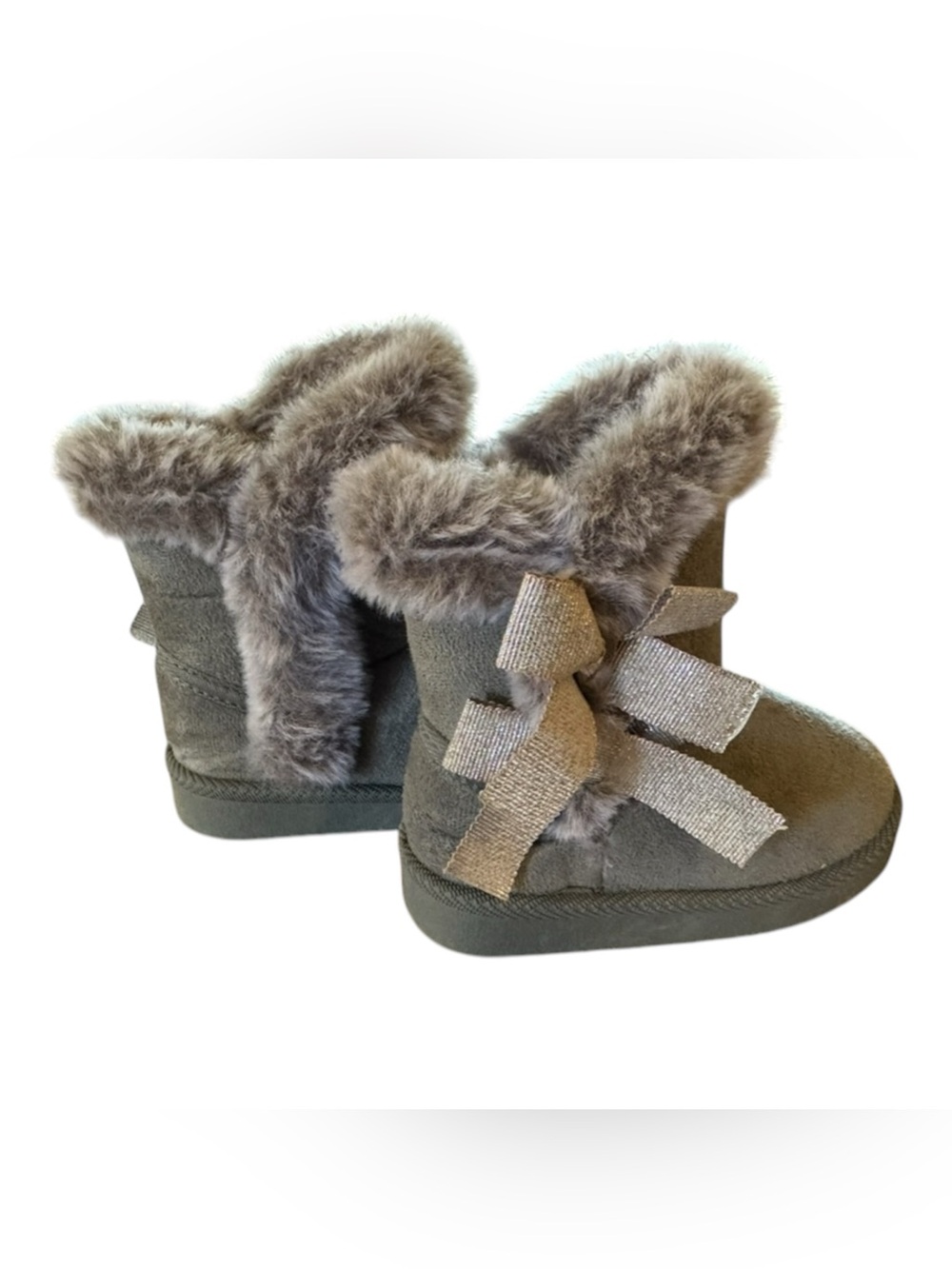 Kids Faux-Fur Trim Suede Booties with Decorative Bows - Gray